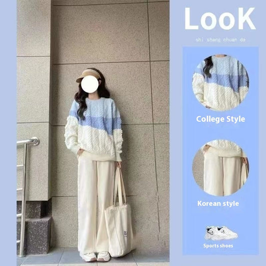 Autumn Winter Japanese Retro Lazy Style Wear Contrast Color Twist Knitted Sweater