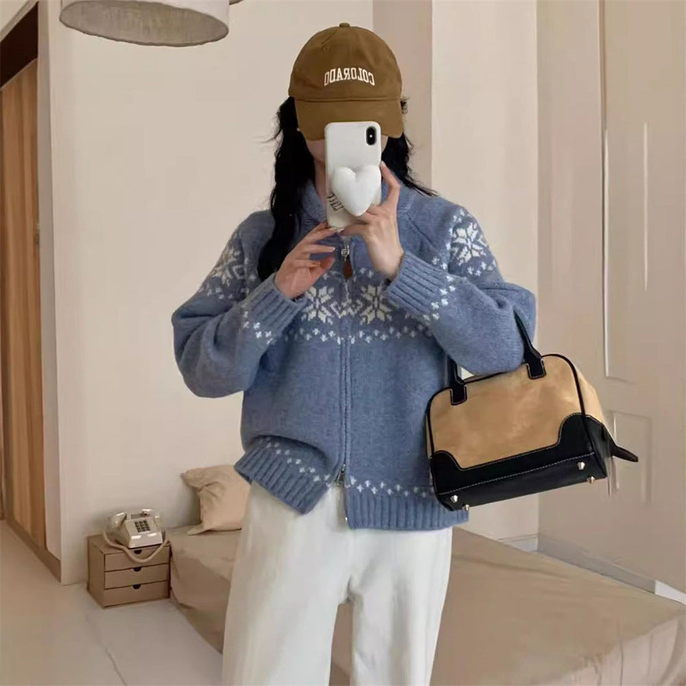 Retro Contrast Color Jacquard Weave Zip Sweater Women's Coat