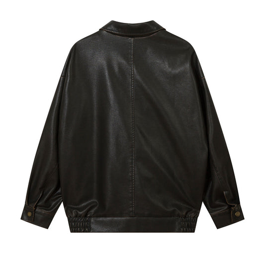 American Solid Color Polo Collar PU Leather Coat