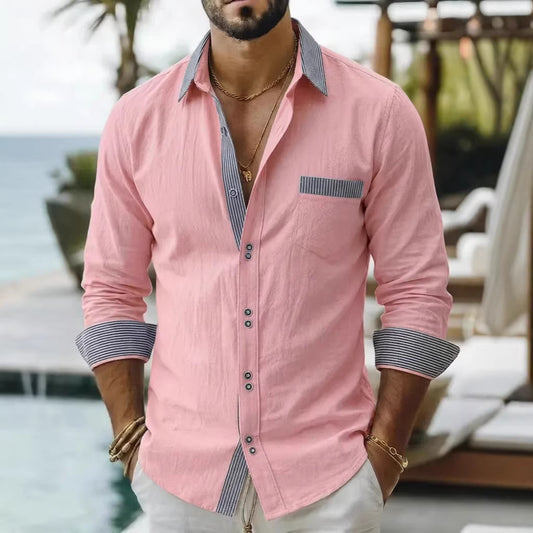 Men's Striped Double-Buckle Business Slim-Fit Casual Long-Sleeve