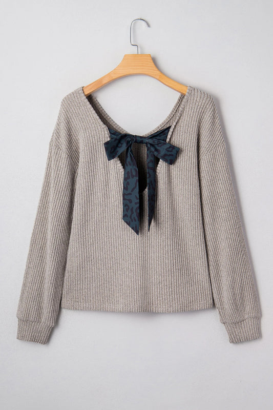 Contrast-color Satin Ribbon Bow Backless Drop-shoulder Long-sleeve Top