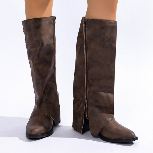 Pointed-toe Vintage Leather-buckle High-heeled Boots For Women