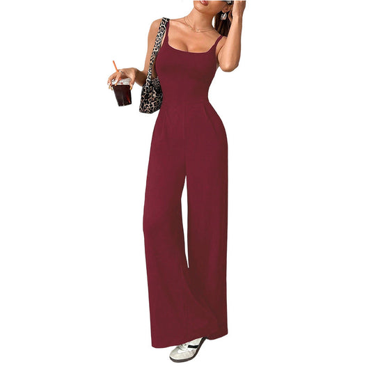 Summer Strap-Style Solid-Color Loose Jumpsuit For Women