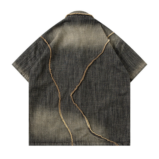 Worn Looking Washed-out Gradient Design Sense Denim Short Sleeve Shirt Men