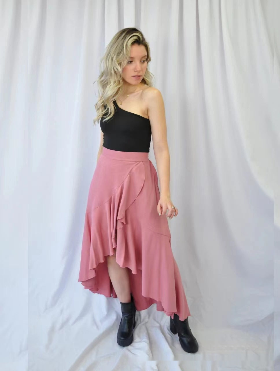 European And American Solid Color Stitching Drape Dovetail Rubber Band High Waist Fashion Leisure Women's Skirt