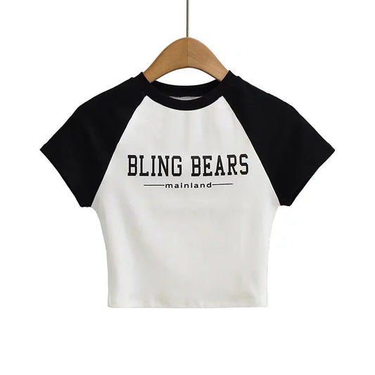 Color Blocking Letter Printed Round Neck Short Sleeve