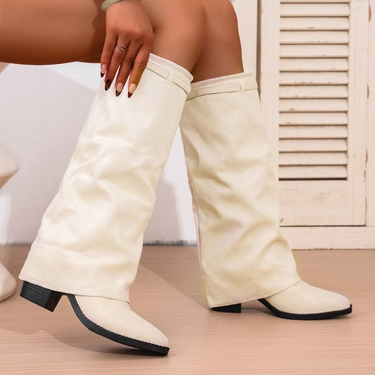 Pointed Toe High Tube Pants Boots Pleated Chunky Heel Sleeve
