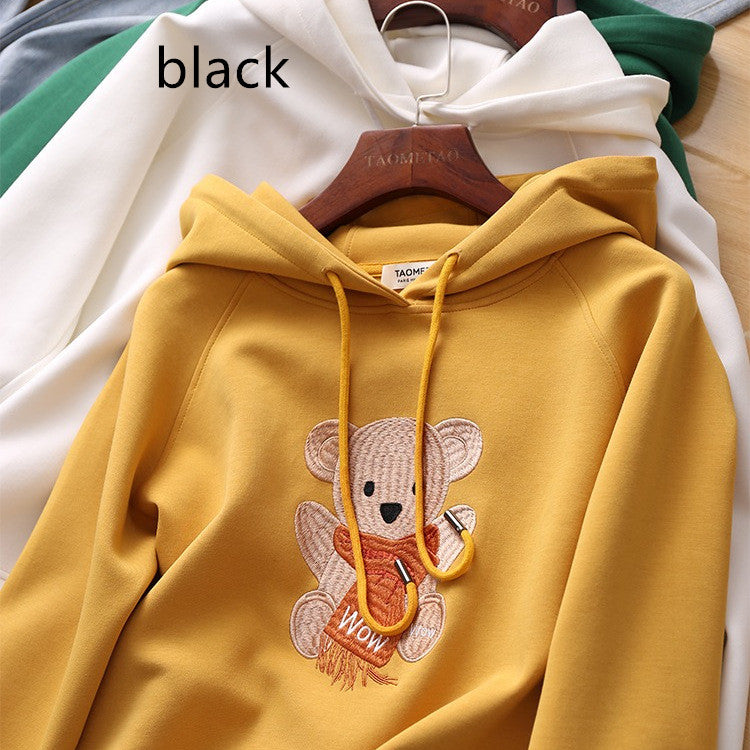 Women's Trendy Spring And Autumn Bear Embroidery Hooded Sweater