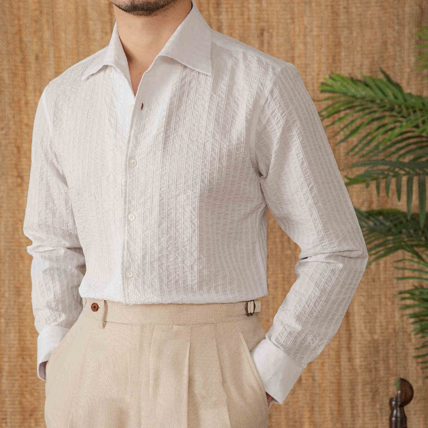 Cotton Seersucker Thin Long-sleeved Shirt One Collar Casual Shirt