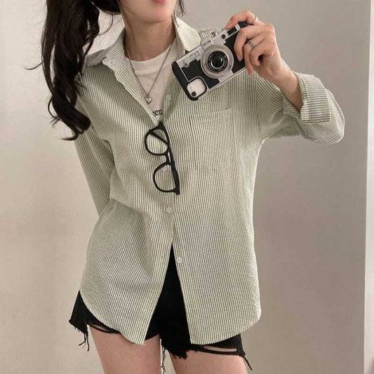 French Classic Striped Pleated Loose Pockets Long Sleeve All-matching Shirt