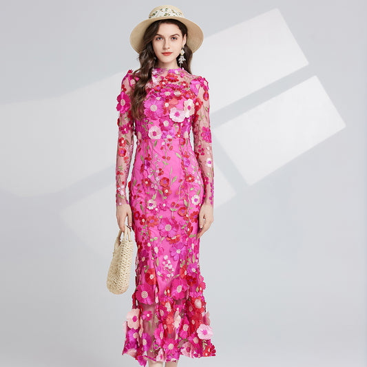 Dress Elegant Embroidered 3D Flower Design, Defined Waistline Long Sleeves