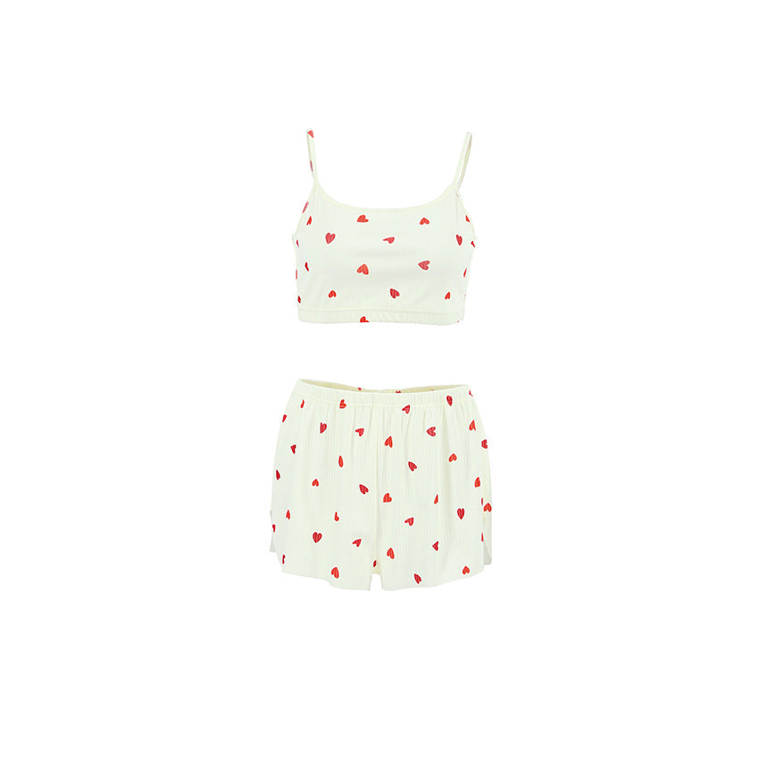 Printed Camisole And Ribbed Pajama Set For Women