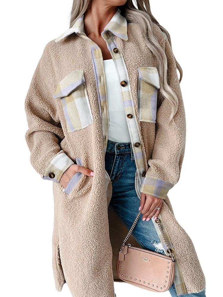 Women's Fashion Colorblock Plaid Warm Single-breasted Woolen Coat