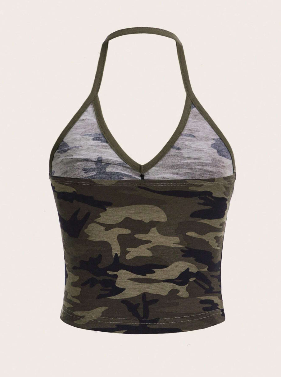 Camouflage V-neck Sleeveless Backless Slim Fit Slimming And Short Vest