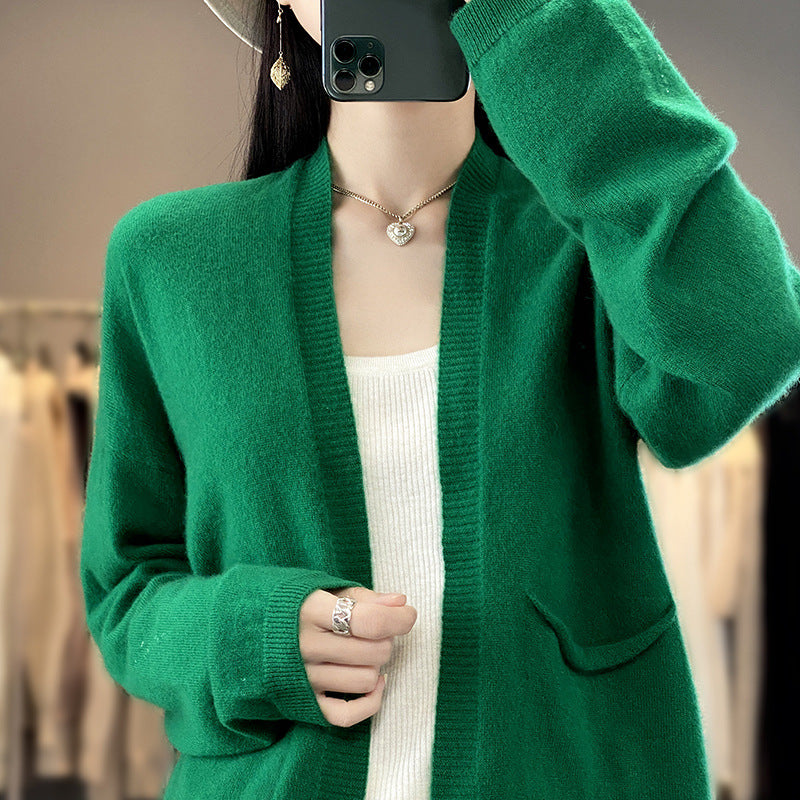 Spring And Autumn New Cardigan Solid Color And V-neck Thin Loose Slimming And All-matching Coat With Pocket