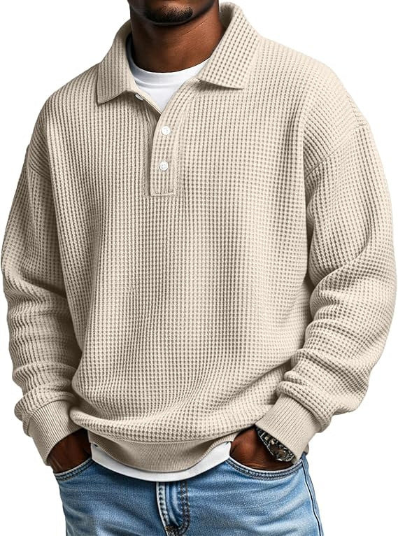 Men's Waffle-Knit Polo Shirt, Retro Solid-Color Top