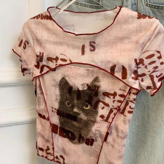 Ren Want Tie-dye Mesh Hul Kortærmet T-shirt