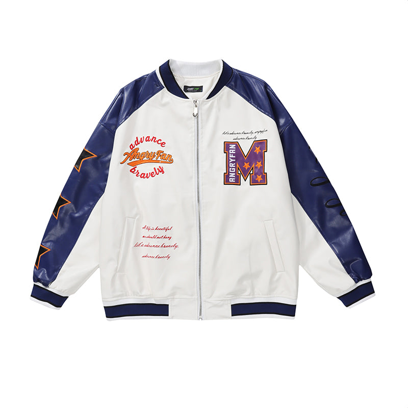 American Letter Embroidery Baseball Uniform PU Leather Jacket