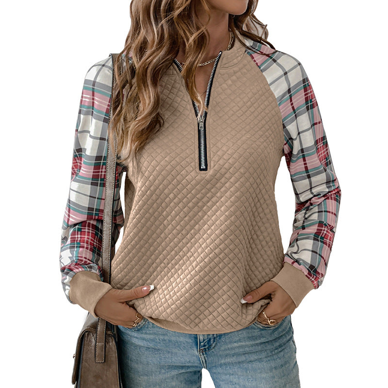 Retro Style Cardigan Zipper Plaid Stitching Diamond Patterns Fabric Sweater