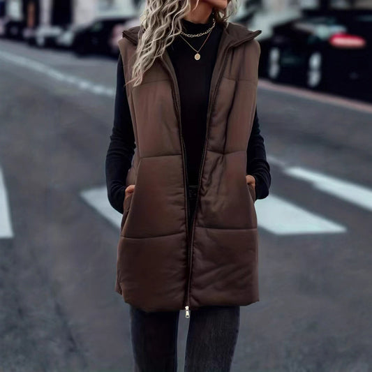 European And American Autumn And Winter Vest Fashion Solid Color Zipper Hooded