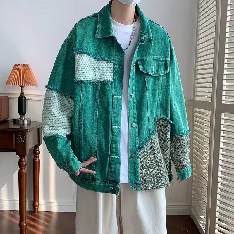 American Fashion Worn-out Patchwork Raw Edge Denim Coat