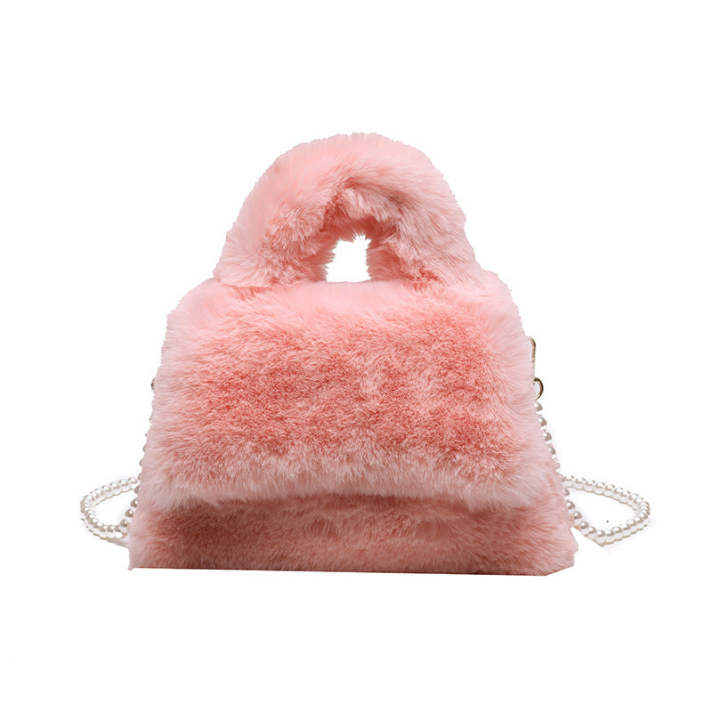Women's Fashion Pearl Chain Plush Hand-carrying Bag