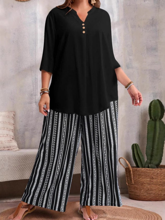 Plus-size Solid-color V-neck Short-sleeve Top And All-print Pants Set