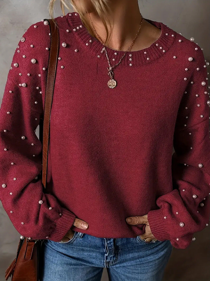 Women's Loose Beaded Round Neck Pullover Long Sleeve Sweater