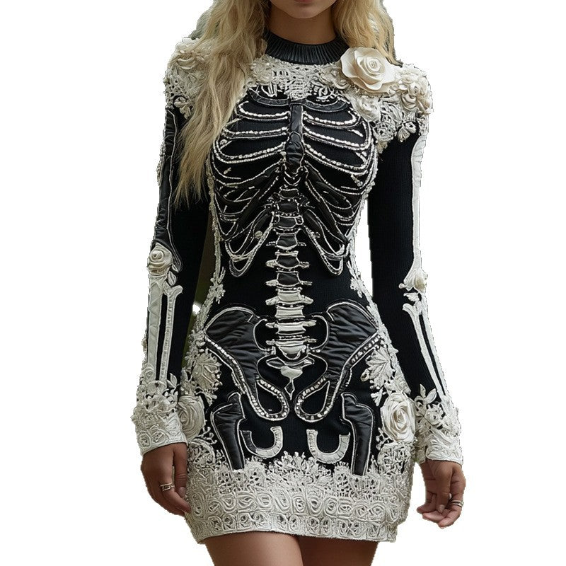 Halloween Street-style 3D Digital-print Skeleton Bodycon Skirt And Sweater Set For Europe And The US