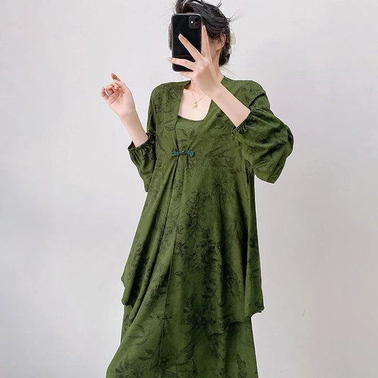 Womens Loose Casual Printed Camisole Dress And Outerwear Set