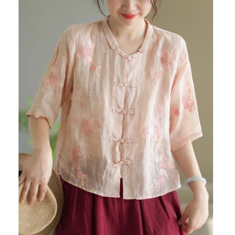 Cotton And Linen Embroidery Embroidered Shirt For Women Summer