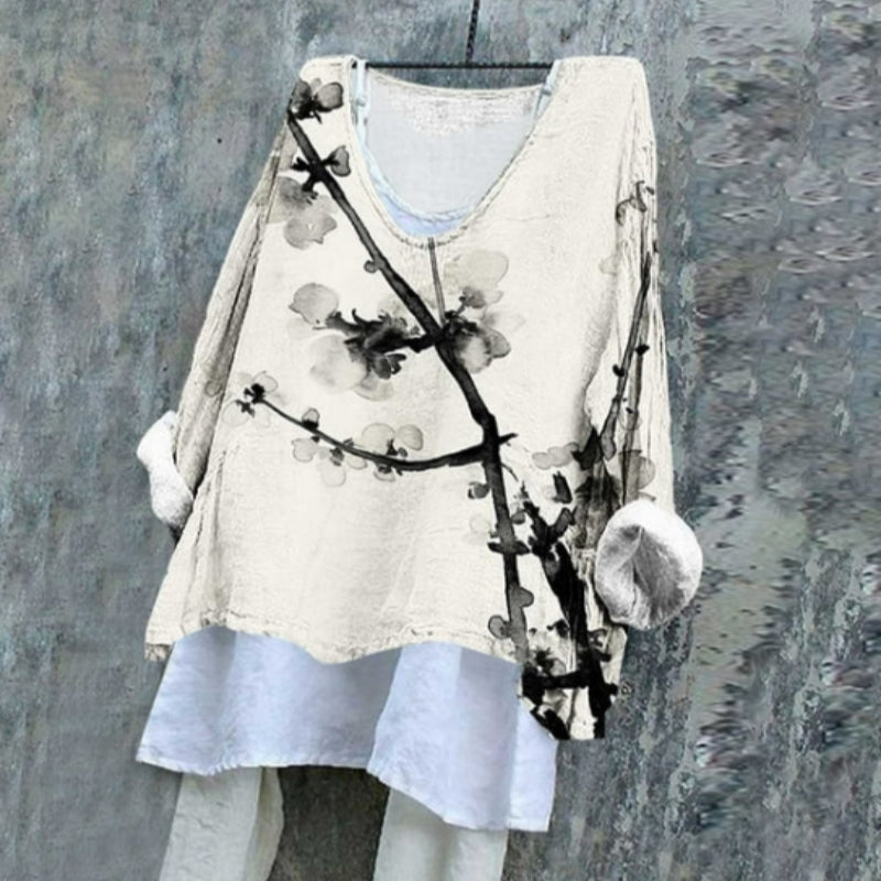 Women's White Flower Print Linen V-neck Long Sleeve Shirt