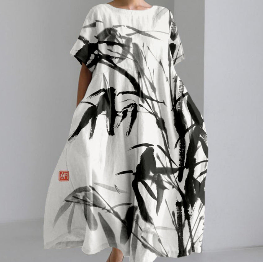 printed Loose-fitting Short-sleeve Dress 3D-