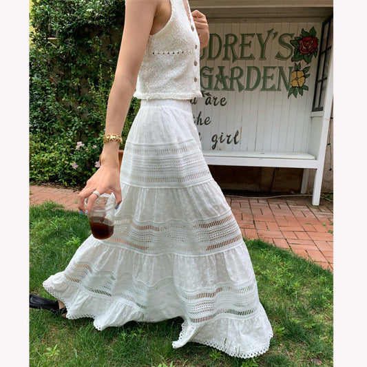 French Hollow Lace A- Line Dress Mop Skirt