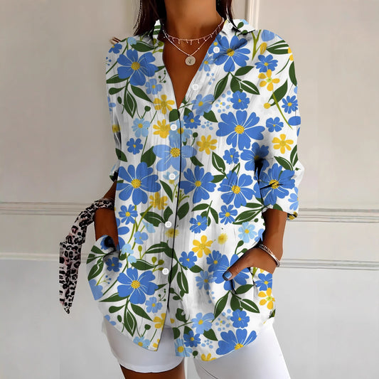 Womens Vibrant Colorful Floral-patterned Long-sleeve Shirt