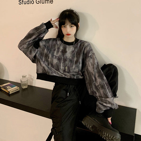 Women's Autumn Short Sweater Harajuku Style Tie Dye Long Sleeve Loose