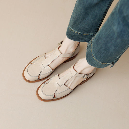 Retro Flat Bottom Women's Sandals Hollowed Toe Box