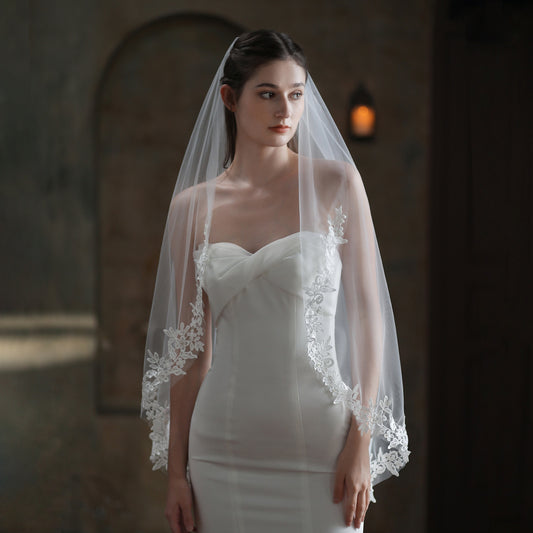 European And American Bride Veil Women's White Single Layer Lace Headdress