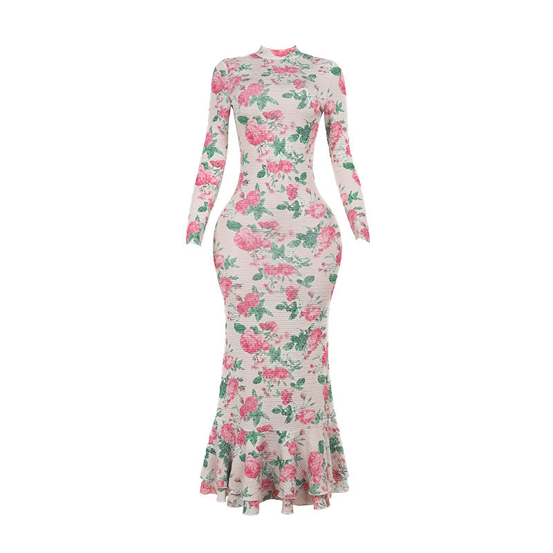 YJ24427 Elegant Long-Sleeved Slim-Fit Long Printed Dress