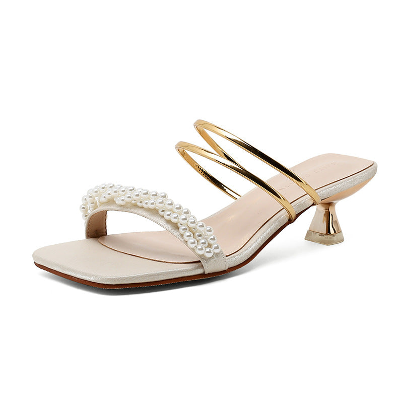 French Satin And Pearl Half Drag Sandals