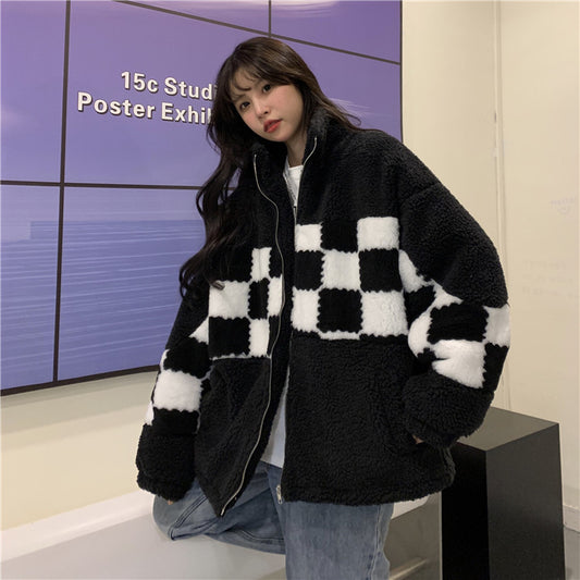 Women's Contrast Color Lamb Wool Cotton Coat