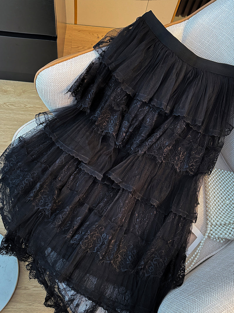 Lace Stitching Net Yarn Cake Skirt High Waist Mid-length A- Line Skirt
