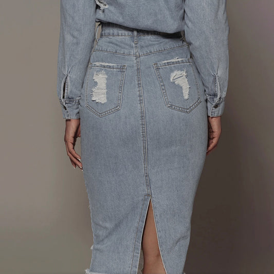 Mid-length Blue Denim Retro Urban Leisure One-Step Solid Skirt
