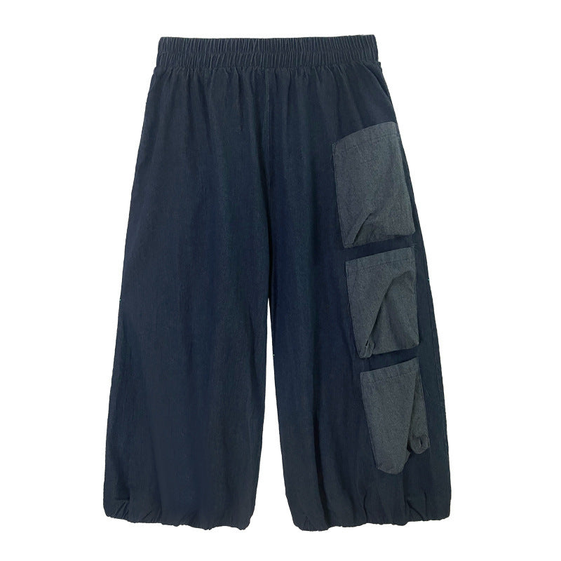 Retro Hong Kong Style Color Contrast Patchwork Wide-leg Jeans High Waist Slimming Casual Straight-leg Cropped Pants