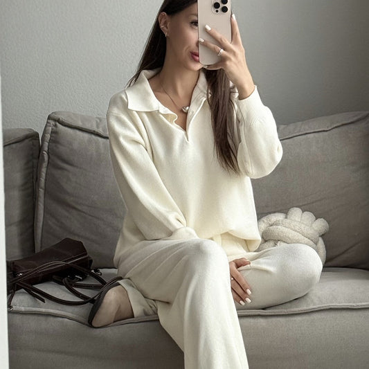 Vintage Casual All-matching Polo Lapel Knitted Sweater Two-piece Overskirt Suit