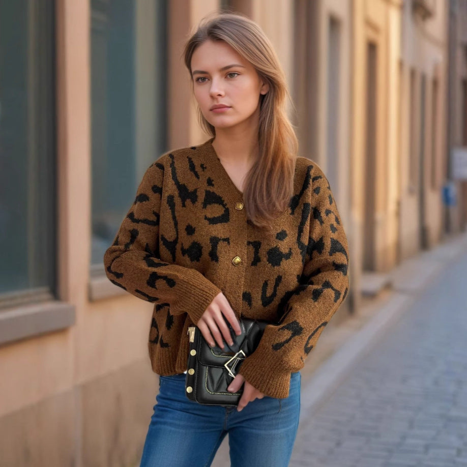 Women's Leopard Print Short Sweater V-neck Casual Knitted Cardigan Top