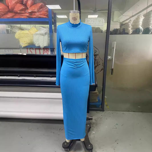 Women's Two-piece Set With Wrinkled Top And Long Skirt