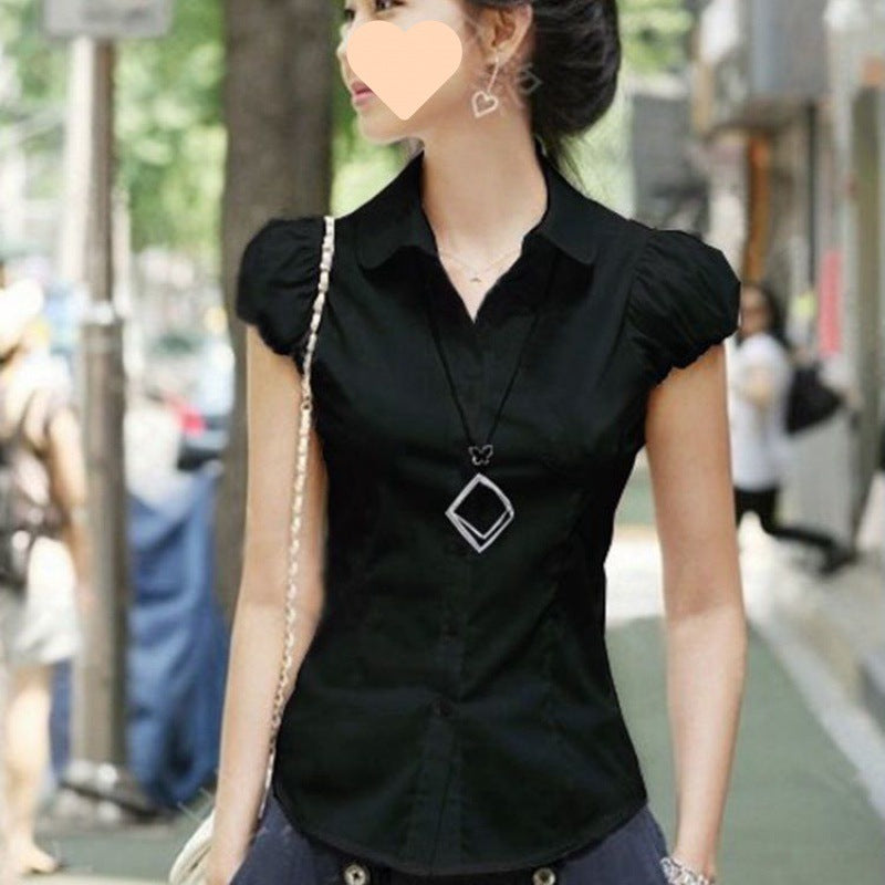 Women's Puff Sleeve Short Sleeve White Professional Slim Fit Shirt