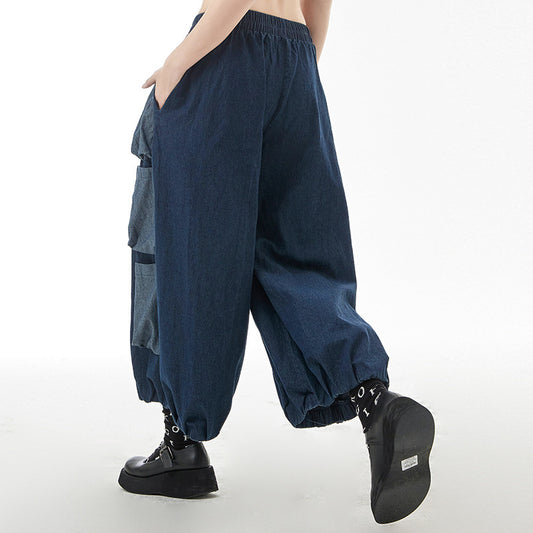 Retro Hong Kong Style Color Contrast Patchwork Wide-leg Jeans High Waist Slimming Casual Straight-leg Cropped Pants