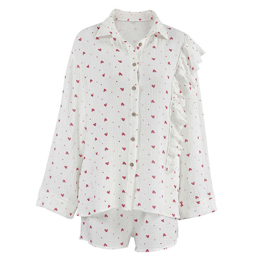 Ladies Ruffled-edge Long-sleeve Shorts Loungewear